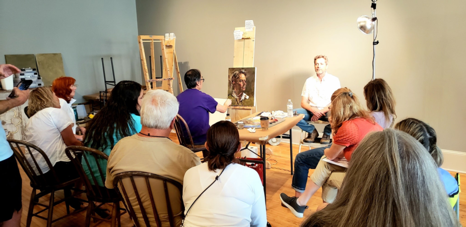 August 2023, Victor Wang instructing us on how to paint 'life paintings'. Victor is painting David Hummer at D. Anthony Atelier in Downtown Wausau, WI. *Photo credit: Beau and Kara Lasiewicz August 2023, Victor Wang instructing us on how to paint 'life paintings'. Victor is painting David Hummer at D. Anthony Atelier in Downtown Wausau, WI. *Photo credit: Beau and Kara Lasiewicz