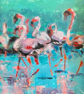 "Flamingo Invasion: Stampede" 5x7 Oil on Yupo 8/2025 By Deb Maccagnano "Flamingo Invasion: Stampede" 5x7 Oil on Yupo 8/2025 By Deb Maccagnano